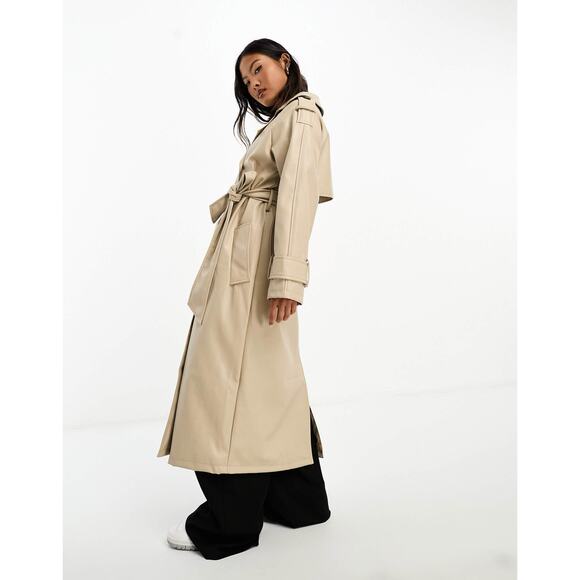 ASOS DESIGN Tan Faux Leather Trench Coat Size 12 Long Preppy Chic Minimalist - Picture 15 of 15